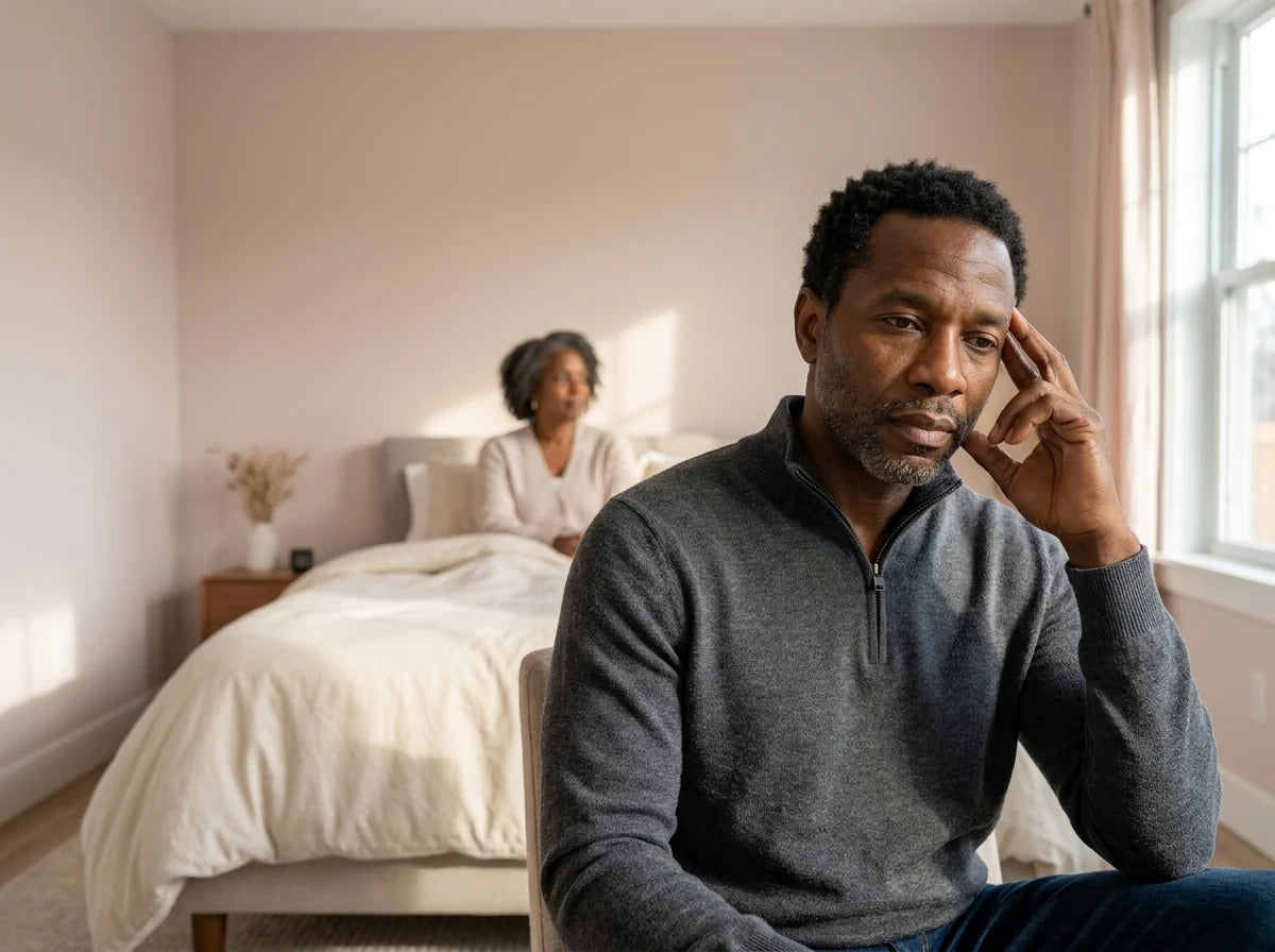 Mature couple in a quiet bedroom conversation