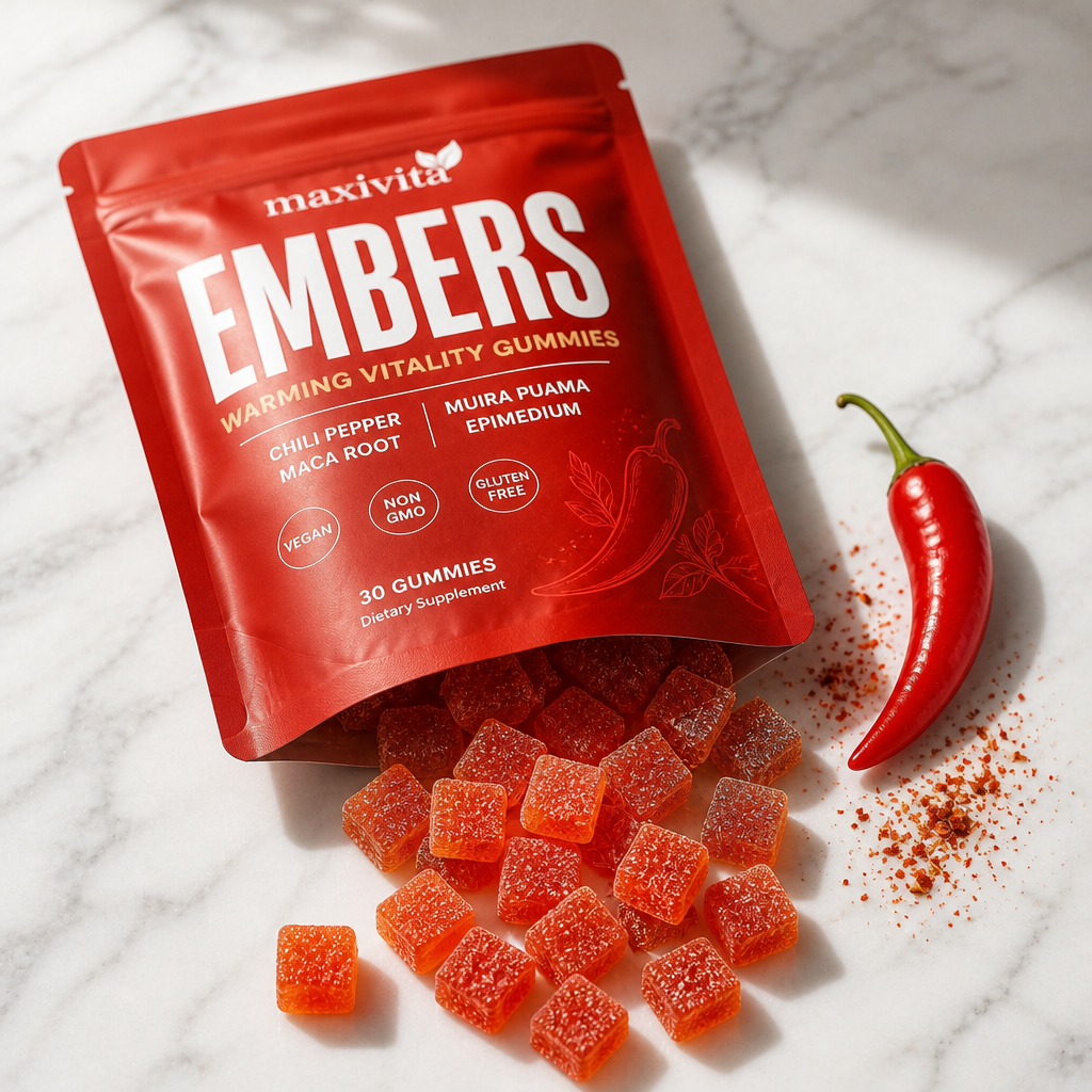 Maxivita EMBERS gummies pouring from the pouch