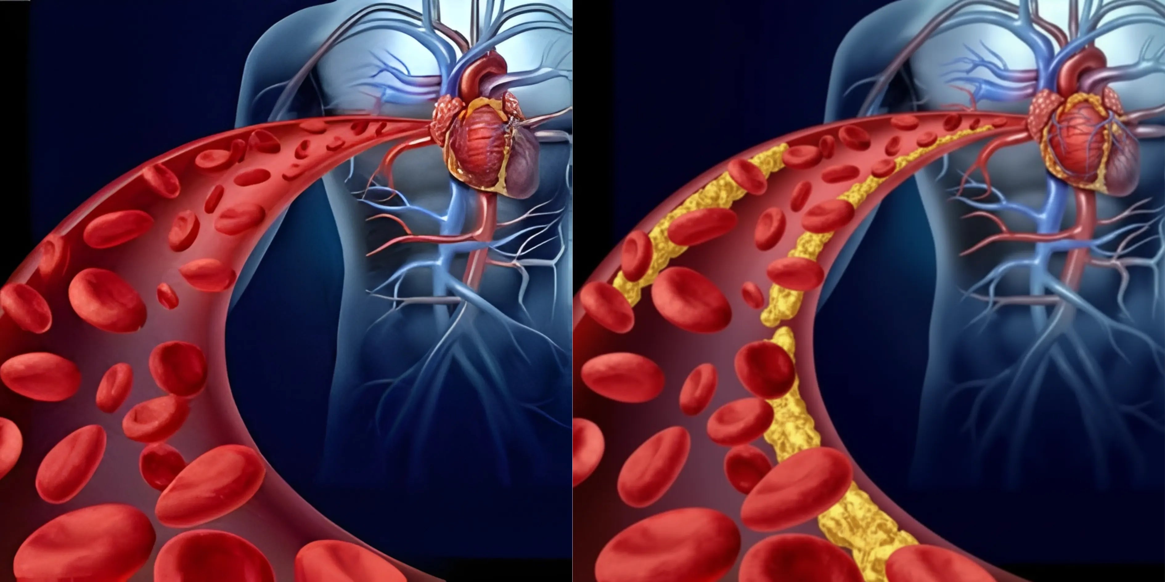 Healthy artery versus plaque-narrowed artery illustration