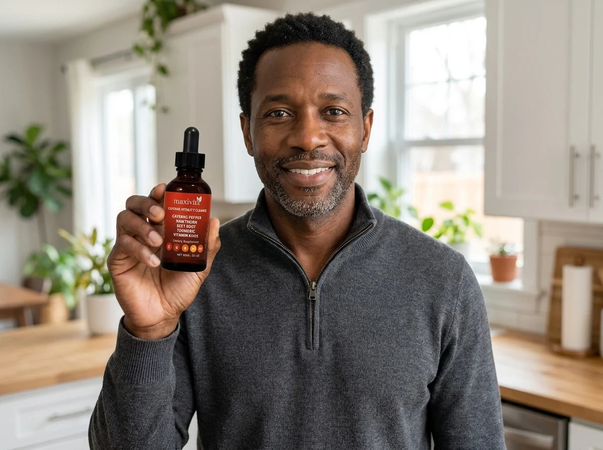 Customer holding Maxivita Cayenne Vitality Drops