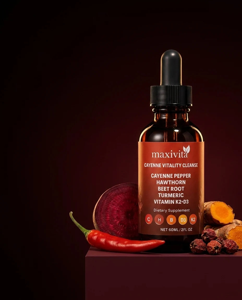 Maxivita Cayenne Vitality Drops on a dark product stage